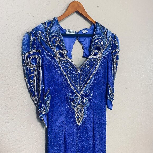 Linzas Vintage Y2K Straight Dress Gown Size Medium Blue Silk Sequined - Picture 10 of 10